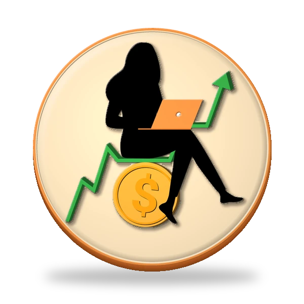 The Stock Mom badge: a woman working on a laptop, sitting on a rising green chart arrow next to a gold dollar coin